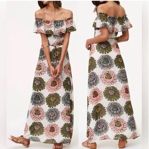 LOFT Floral Maxi Dress‎ Off Shoulder Ruffle Tie Waist Womens Size 6